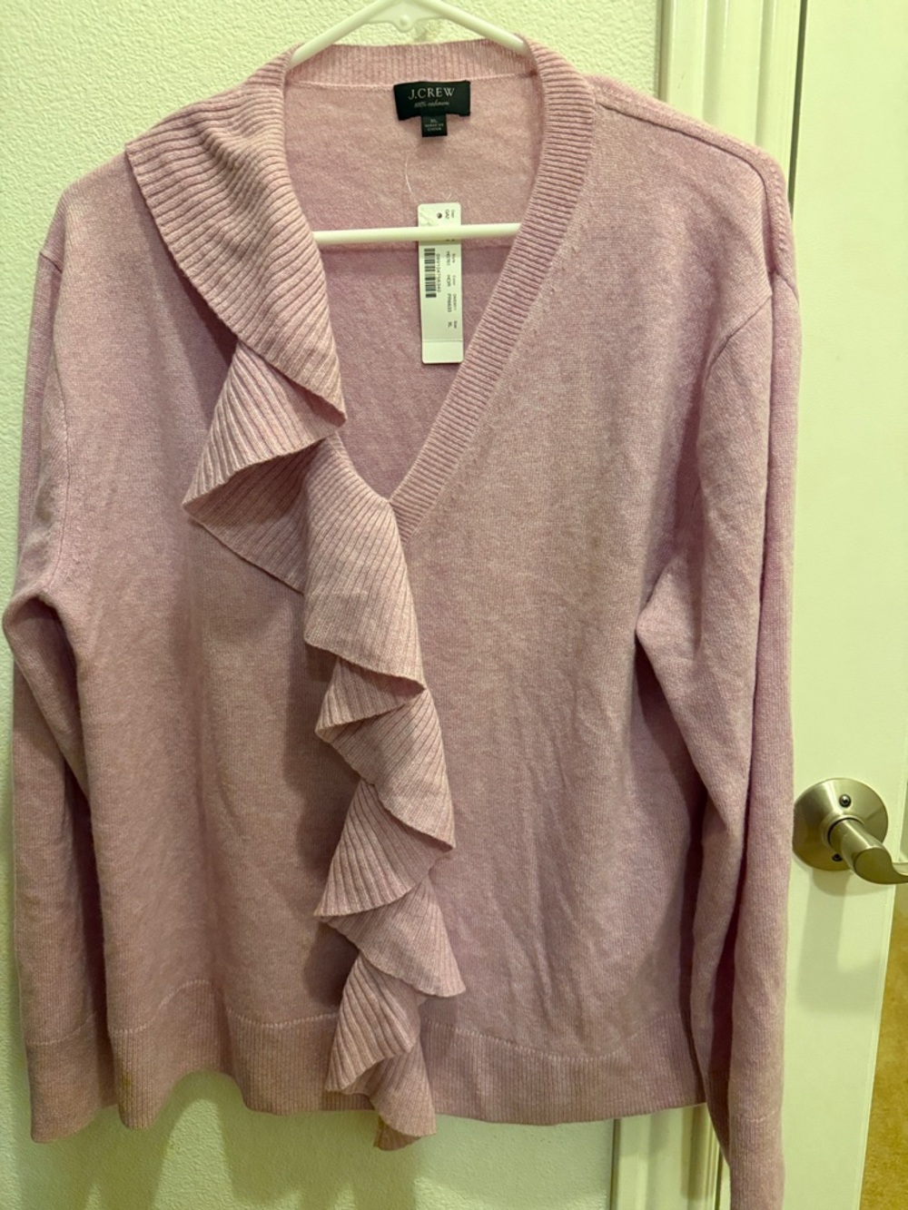 J. Crew Soft Pink V-Neck Sweater with Cascading Ruffle